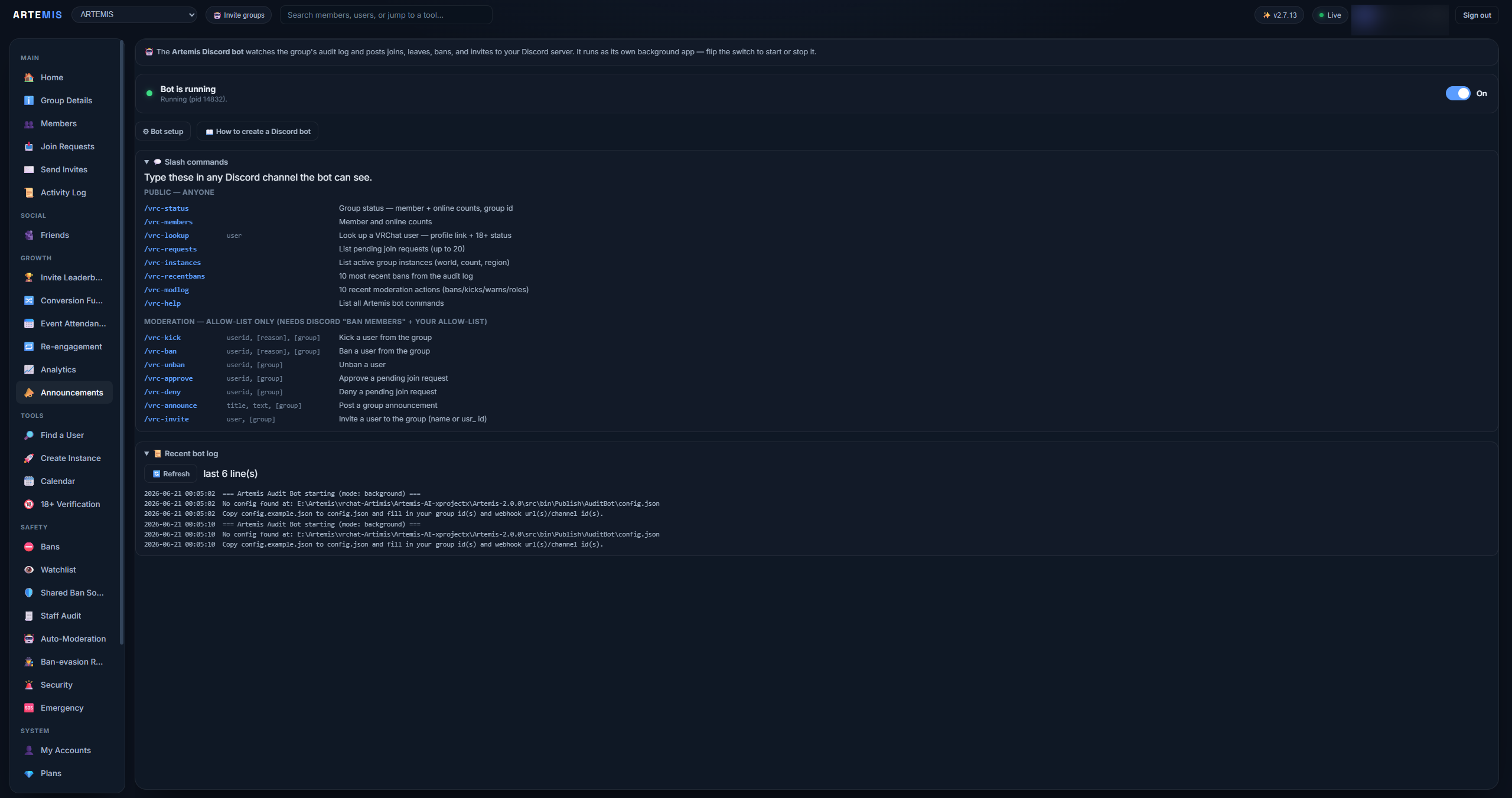 Artemis Discord bot running 24/7 with slash commands