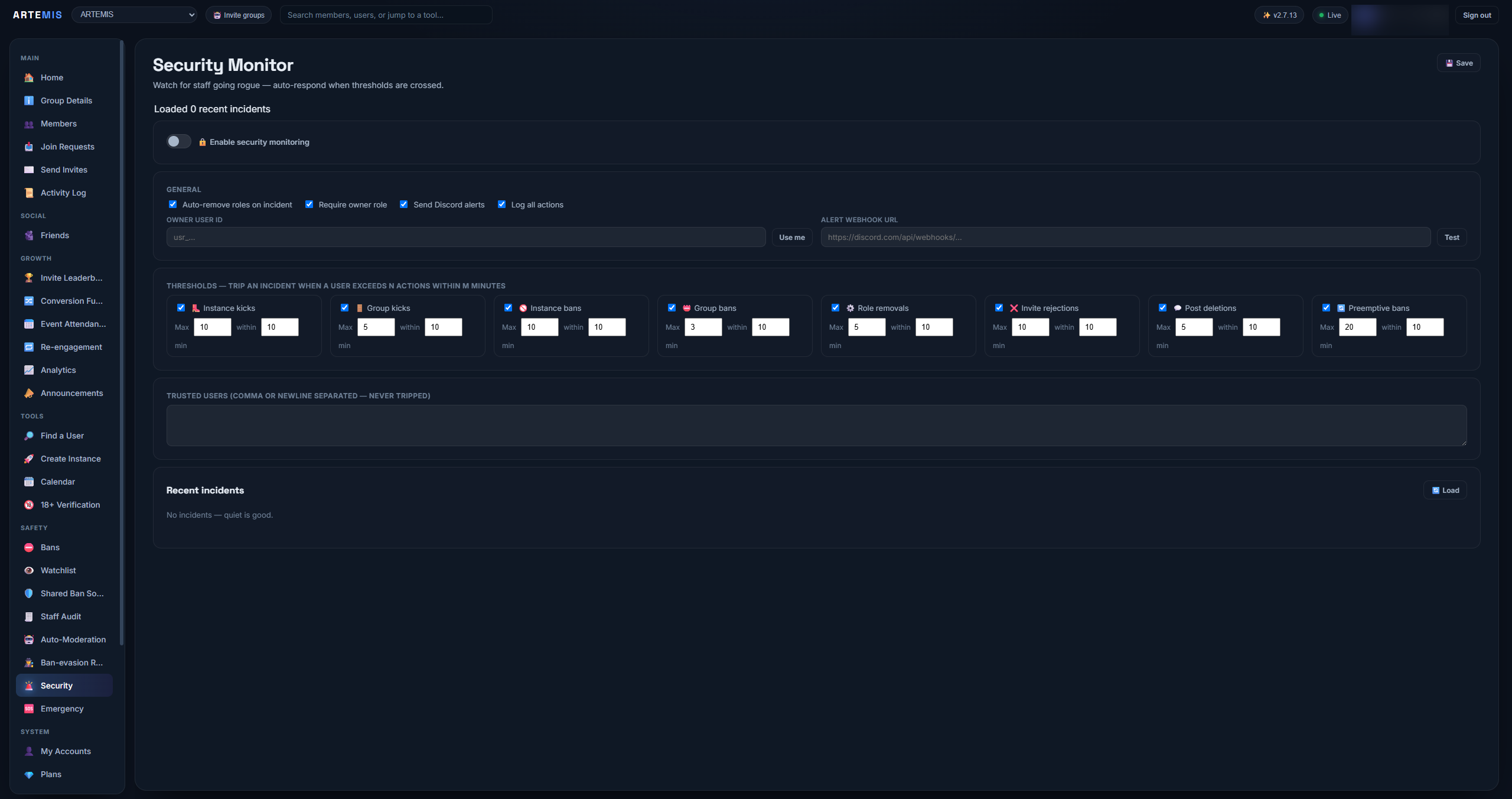 Artemis Security Monitor: per-action thresholds that auto-respond